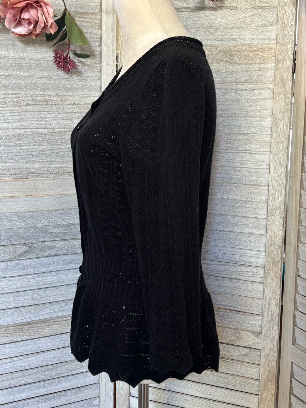 Y2K Vintage EXPRESS Black Crochet Knit Cardigan w/ Crochet Peplum, Women’s SZ LG - Picture 9 of 16